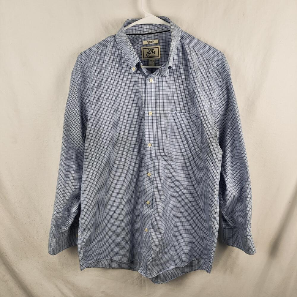 Jos A Bank 1905 Shirt Mens 16.5 32/33 Blue Check Non Iron Slim Fit Dress Cotton